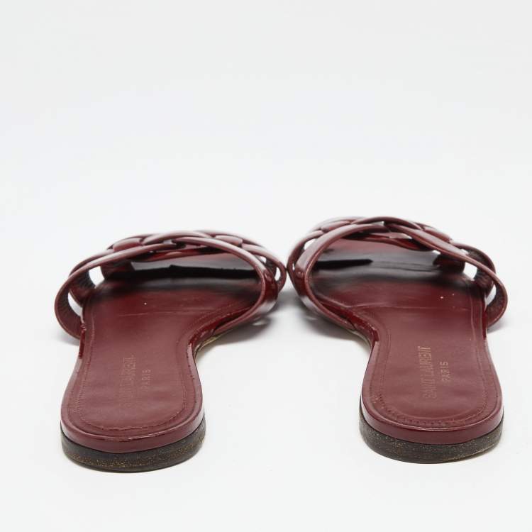 Pre Owned Saint Laurent Burgundy Patent Leather Tribute Flats Size 39.5