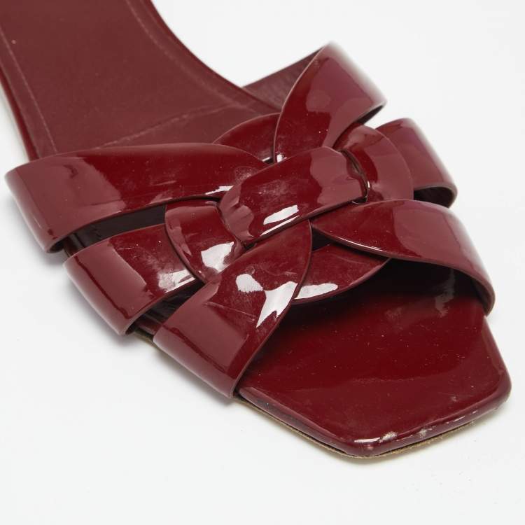 Pre Owned Saint Laurent Burgundy Patent Leather Tribute Flats Size 39.5