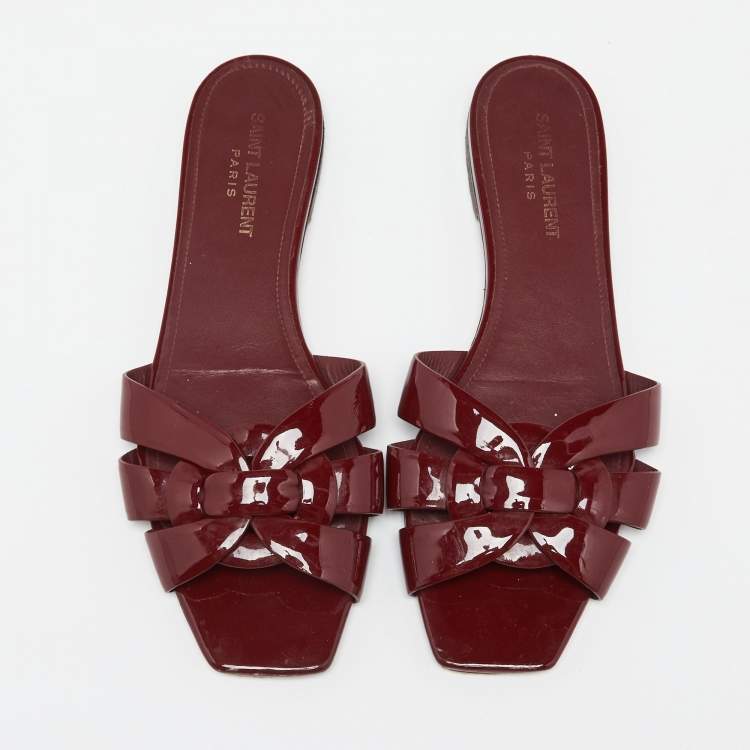 Pre Owned Saint Laurent Burgundy Patent Leather Tribute Flats Size 39.5