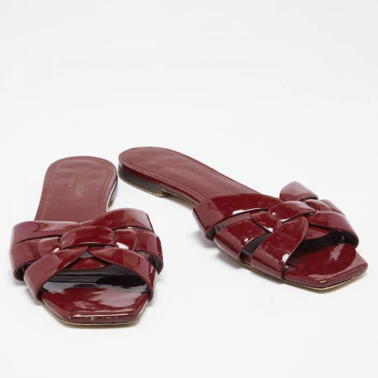 Pre Owned Saint Laurent Burgundy Patent Leather Tribute Flats Size 39.5