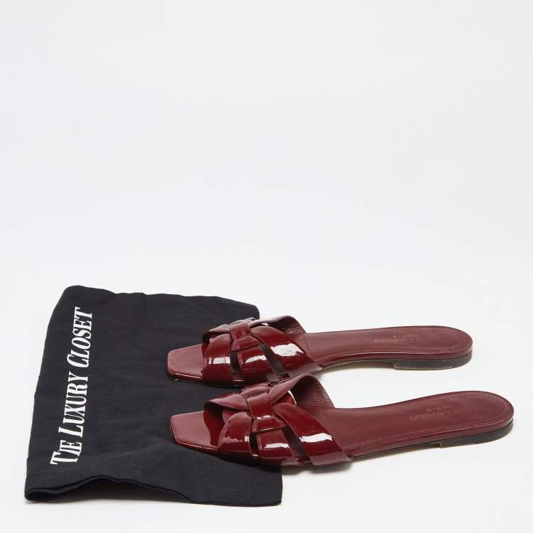 Pre Owned Saint Laurent Burgundy Patent Leather Tribute Flats Size 39.5