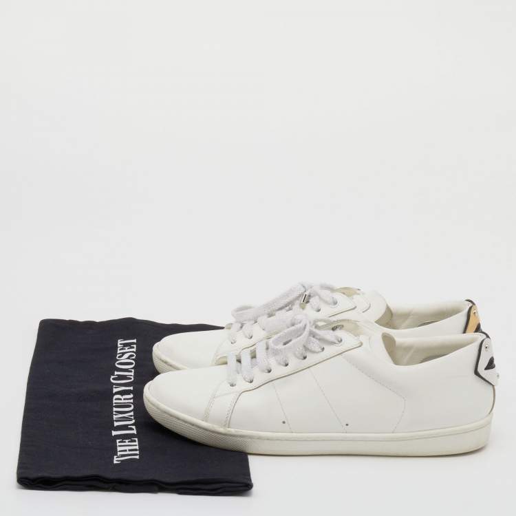 Pre Owned Saint Laurent White Leather And Snakeskin Embossed Leather Classic Lips Low Top Sneakers Size 37