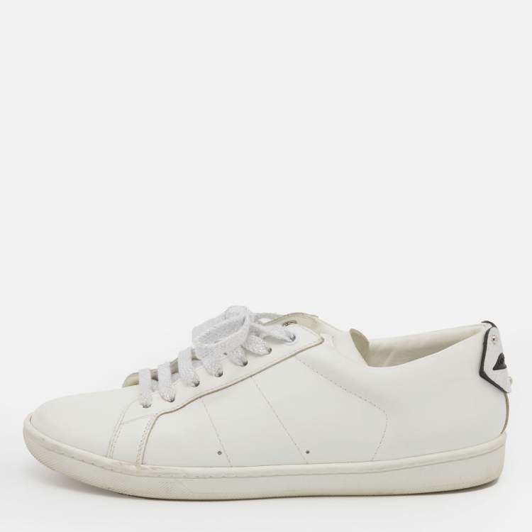 Pre Owned Saint Laurent White Leather And Snakeskin Embossed Leather Classic Lips Low Top Sneakers Size 37