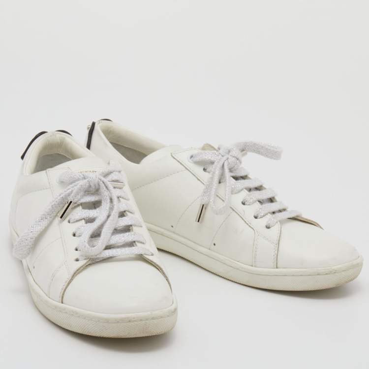 Pre Owned Saint Laurent White Leather And Snakeskin Embossed Leather Classic Lips Low Top Sneakers Size 37