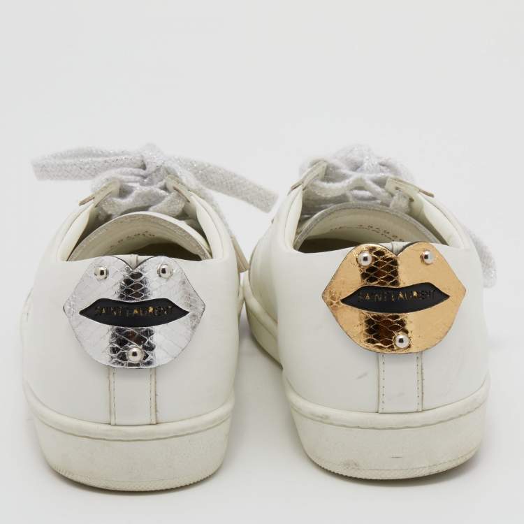 Pre Owned Saint Laurent White Leather And Snakeskin Embossed Leather Classic Lips Low Top Sneakers Size 37