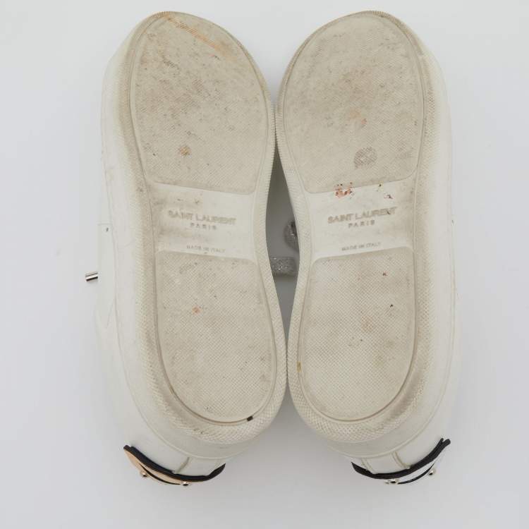 Pre Owned Saint Laurent White Leather And Snakeskin Embossed Leather Classic Lips Low Top Sneakers Size 37