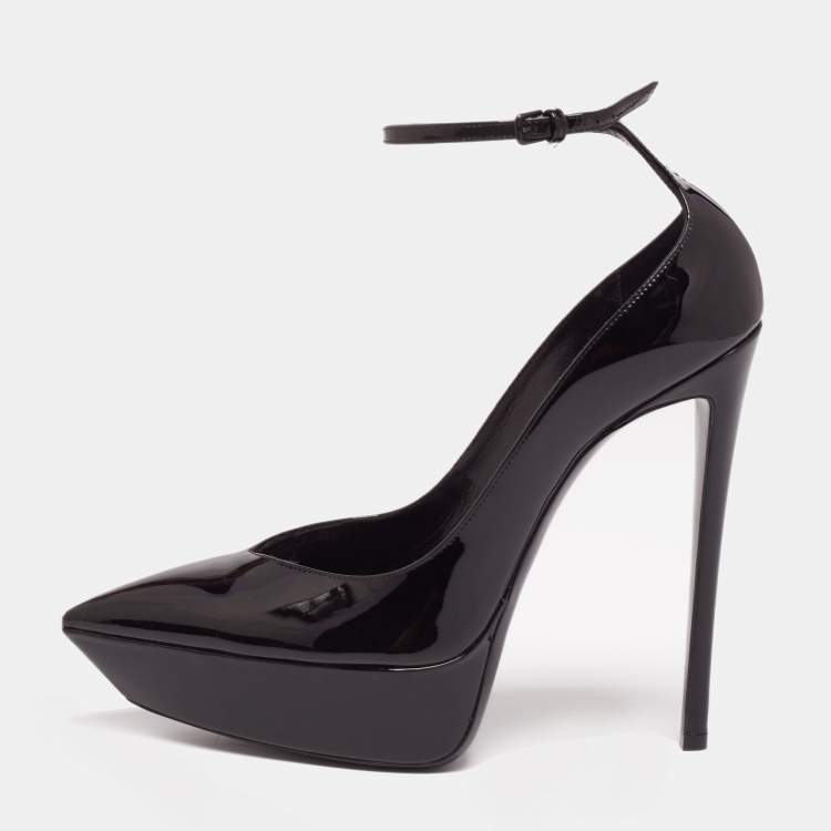 Pre Owned Saint Laurent Black Patent Leather Betty Ankle-Strap Platform Pumps Size 39