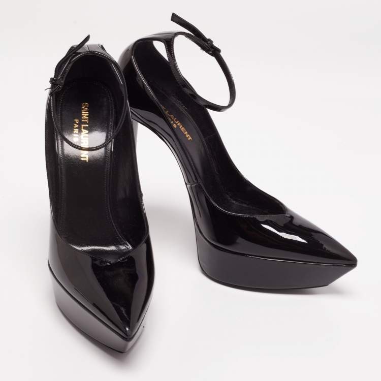 Pre Owned Saint Laurent Black Patent Leather Betty Ankle-Strap Platform Pumps Size 39