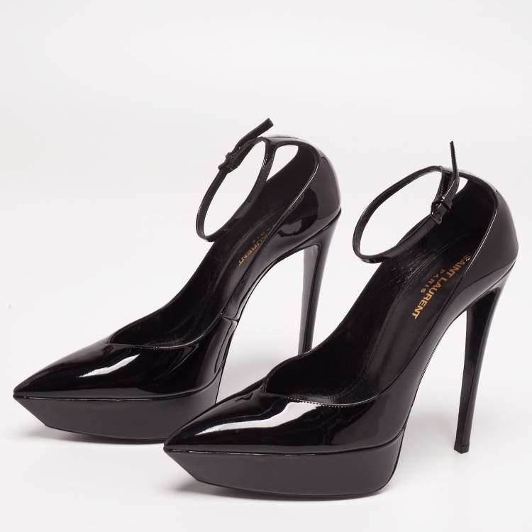 Pre Owned Saint Laurent Black Patent Leather Betty Ankle-Strap Platform Pumps Size 39