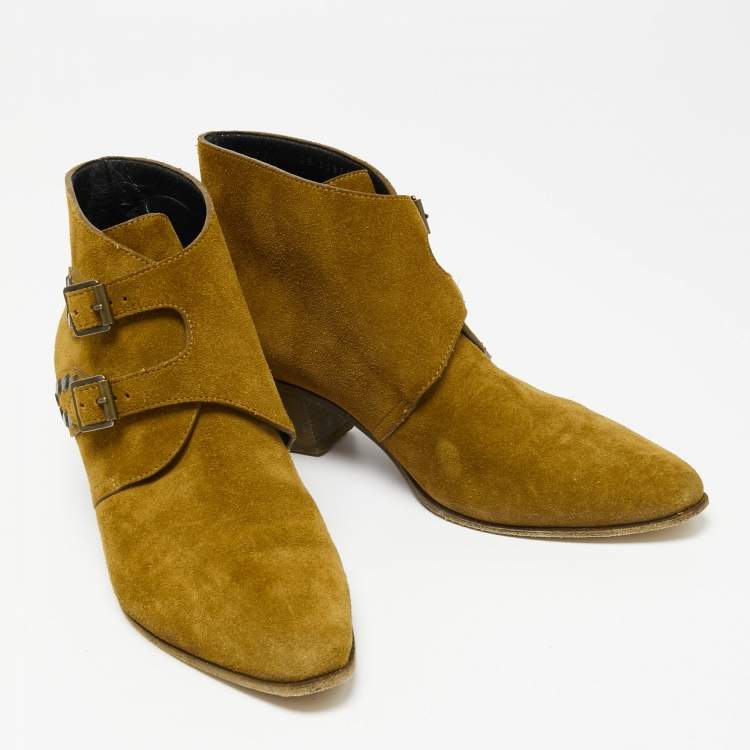 Pre Owned Saint Laurent Brown Suede Studded Ankle Boots Size 38.5