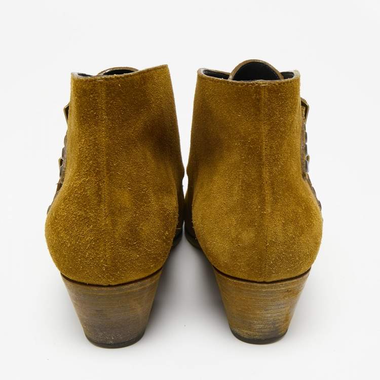 Pre Owned Saint Laurent Brown Suede Studded Ankle Boots Size 38.5