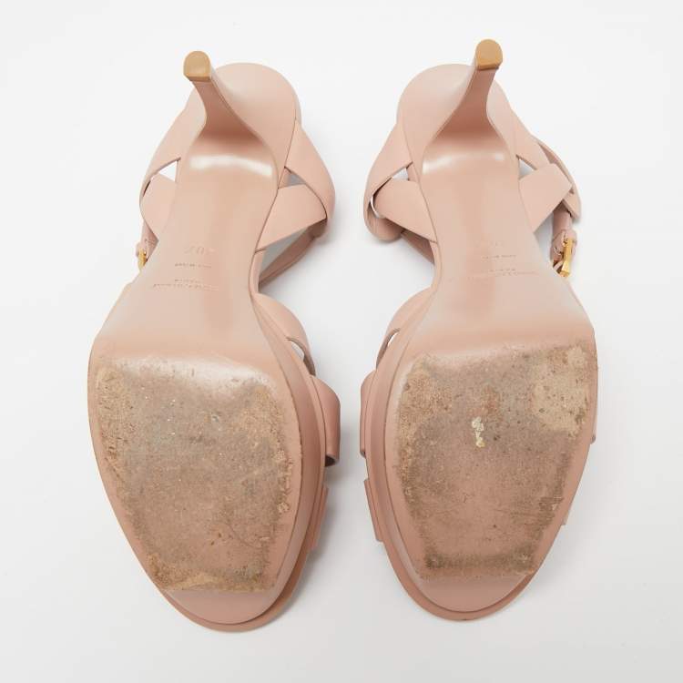 مملوكة مسبقًا Saint Laurent Light Pink Leather Tribute Ankle Strap Platform Sandals Size 40.5