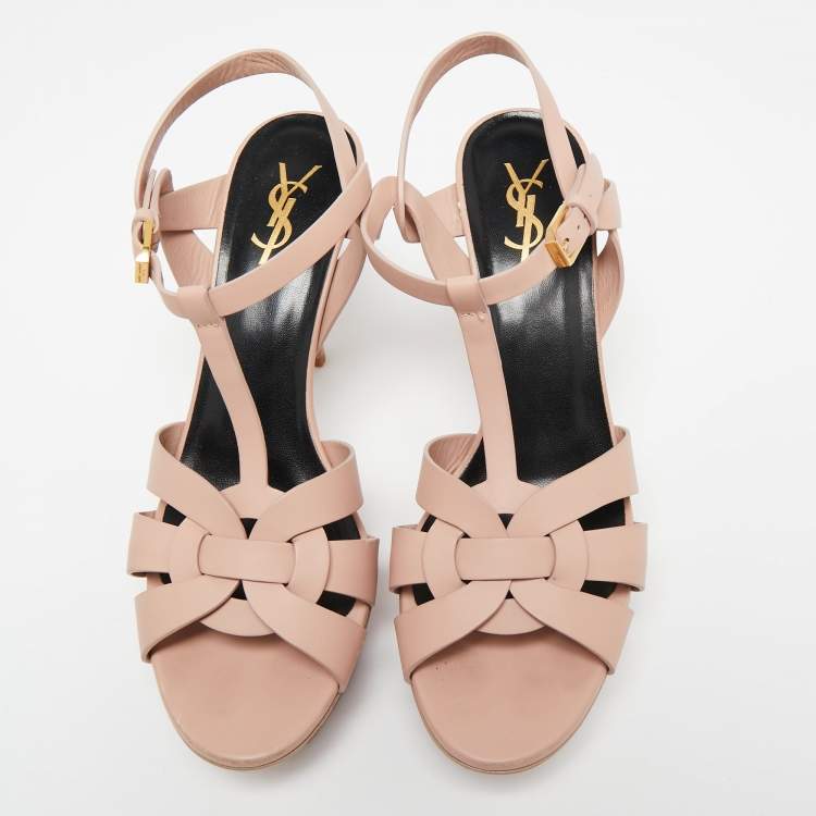 مملوكة مسبقًا Saint Laurent Light Pink Leather Tribute Ankle Strap Platform Sandals Size 40.5