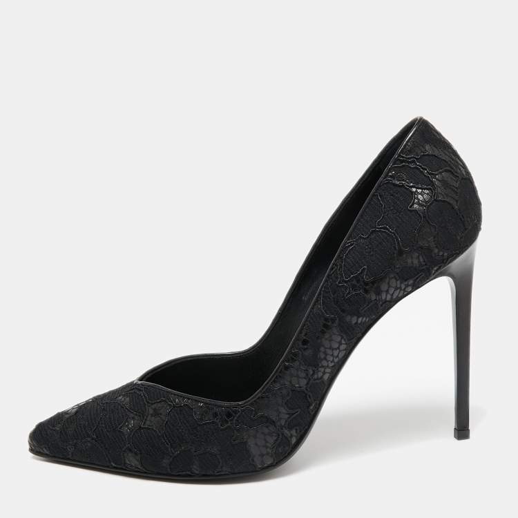 Pre Owned Saint Laurent Black Lace And Leather Pointed Toe Pumps Size 40