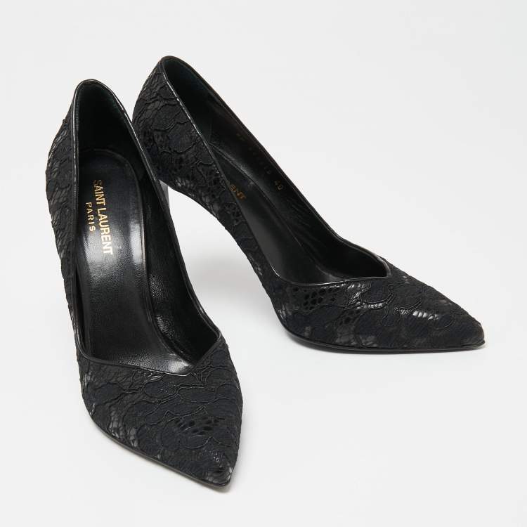 Pre Owned Saint Laurent Black Lace And Leather Pointed Toe Pumps Size 40