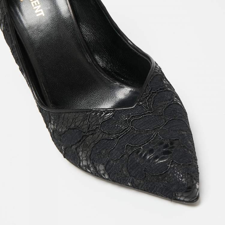 Pre Owned Saint Laurent Black Lace And Leather Pointed Toe Pumps Size 40