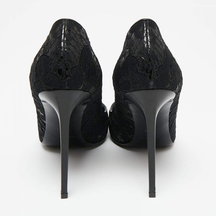 Pre Owned Saint Laurent Black Lace And Leather Pointed Toe Pumps Size 40