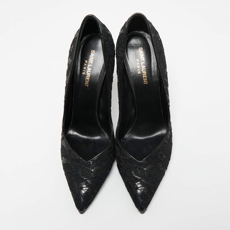Pre Owned Saint Laurent Black Lace And Leather Pointed Toe Pumps Size 40
