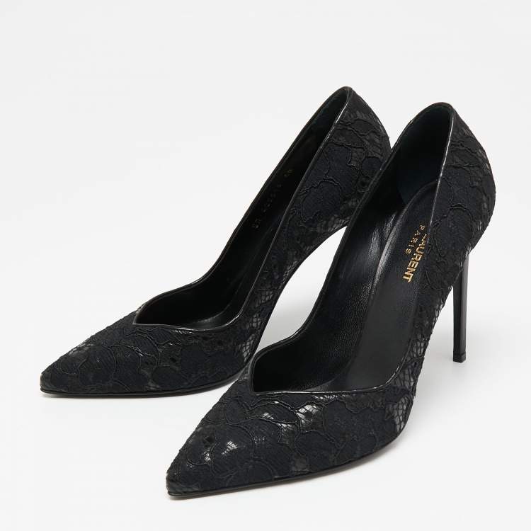 Saint Laurent Black Lace And Leather Pointed Toe Pumps Size 40