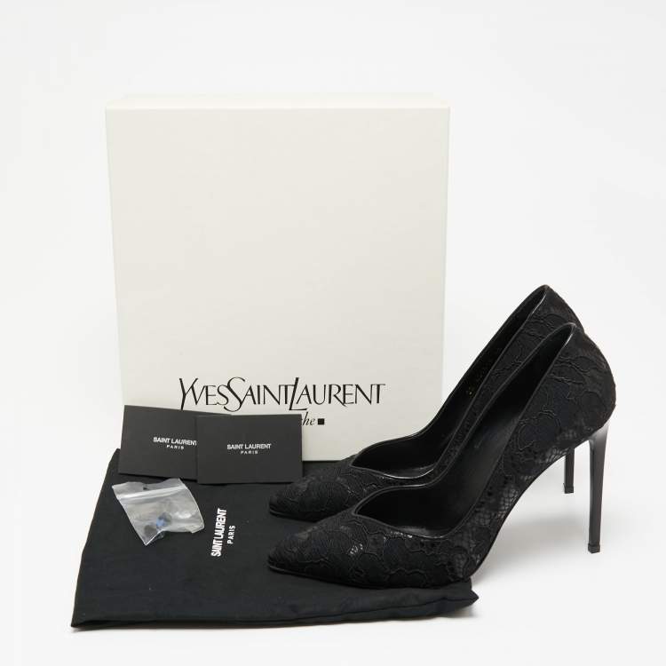 Pre Owned Saint Laurent Black Lace And Leather Pointed Toe Pumps Size 40