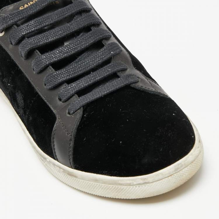 Pre Owned Saint Laurent Black Velvet And Leather Signature Court Lips Low Top Sneakers Size 38