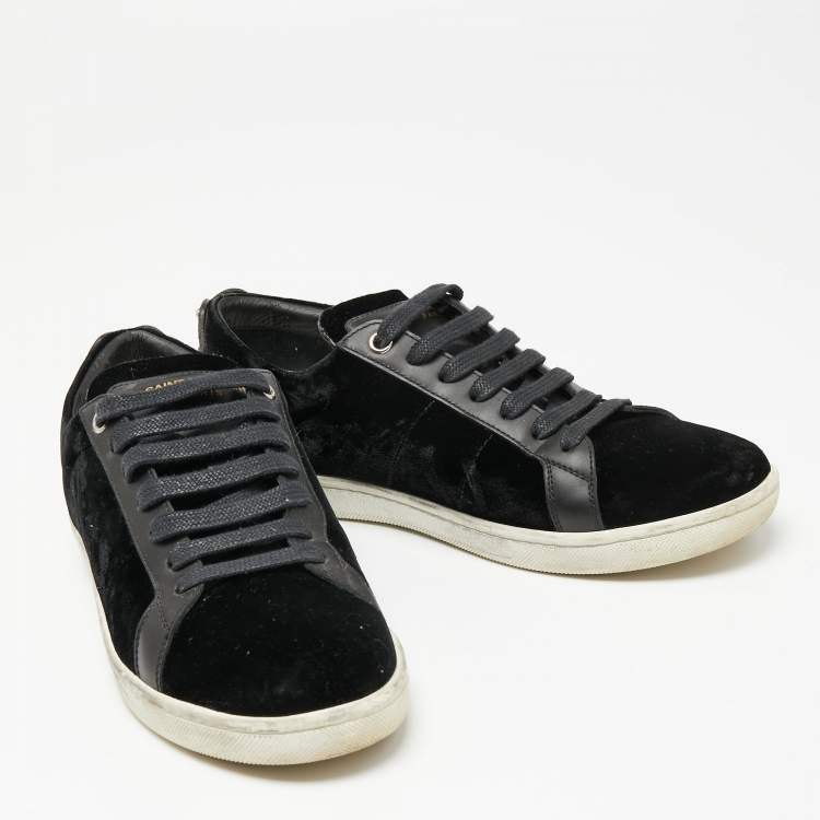 Pre Owned Saint Laurent Black Velvet And Leather Signature Court Lips Low Top Sneakers Size 38