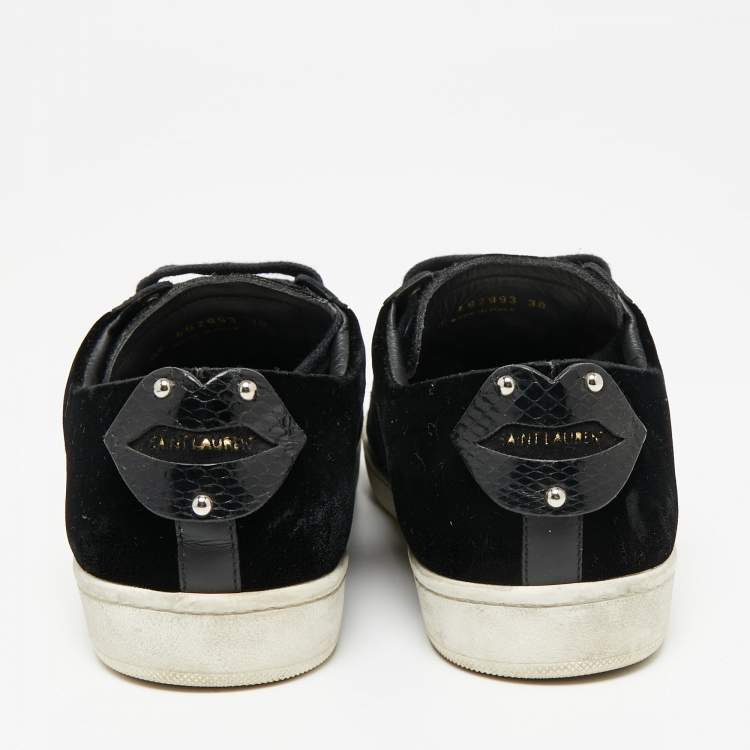 Pre Owned Saint Laurent Black Velvet And Leather Signature Court Lips Low Top Sneakers Size 38