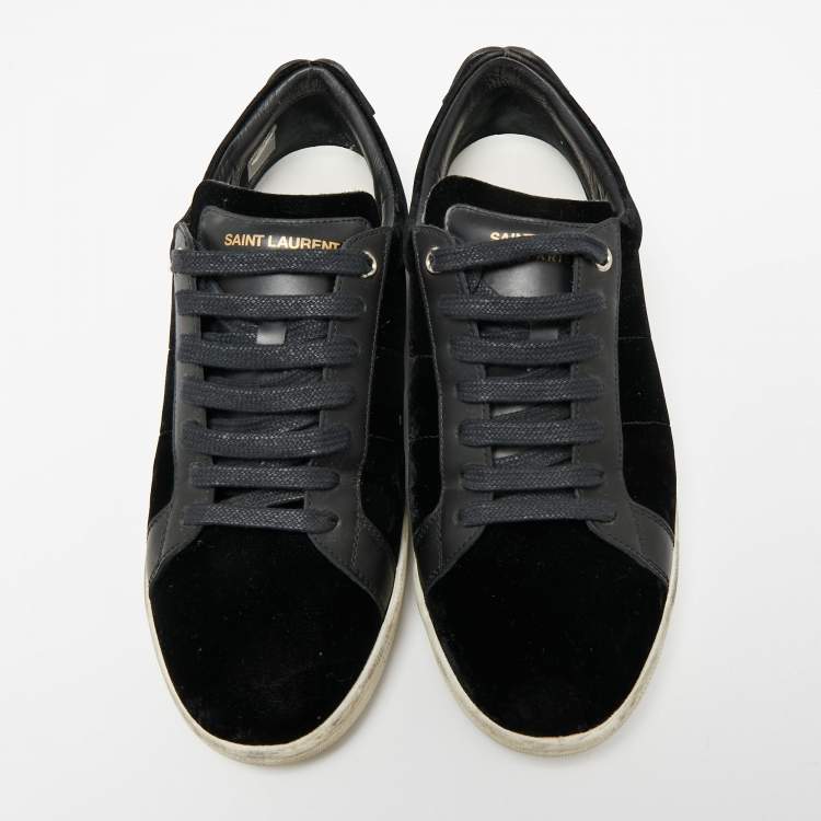 Pre Owned Saint Laurent Black Velvet And Leather Signature Court Lips Low Top Sneakers Size 38