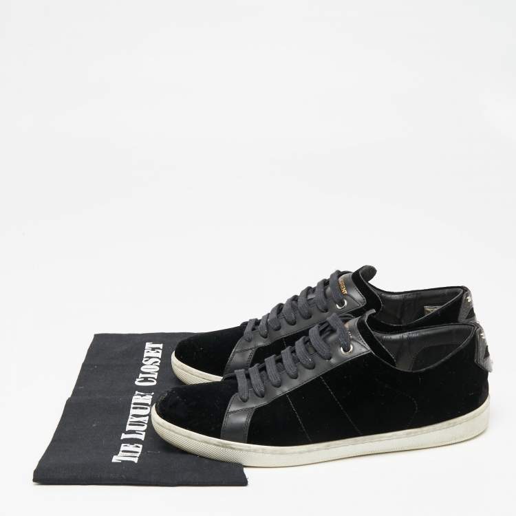 Pre Owned Saint Laurent Black Velvet And Leather Signature Court Lips Low Top Sneakers Size 38