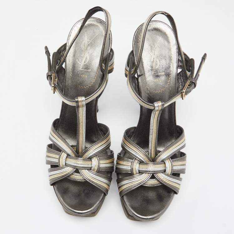Pre Owned Saint Laurent Metallic Bronze Leather Tribute  Platform Sandals Size 38.5