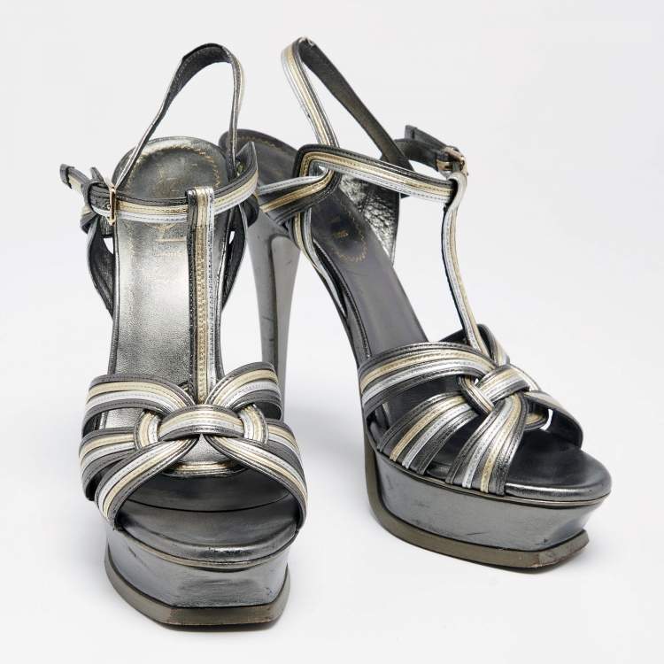 Pre Owned Saint Laurent Metallic Bronze Leather Tribute  Platform Sandals Size 38.5
