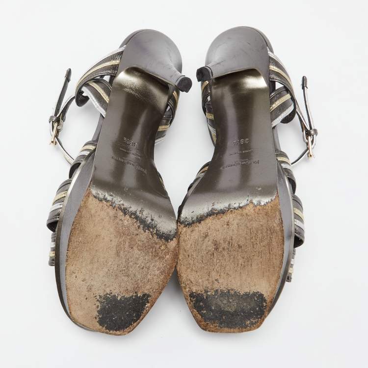 Pre Owned Saint Laurent Metallic Bronze Leather Tribute  Platform Sandals Size 38.5
