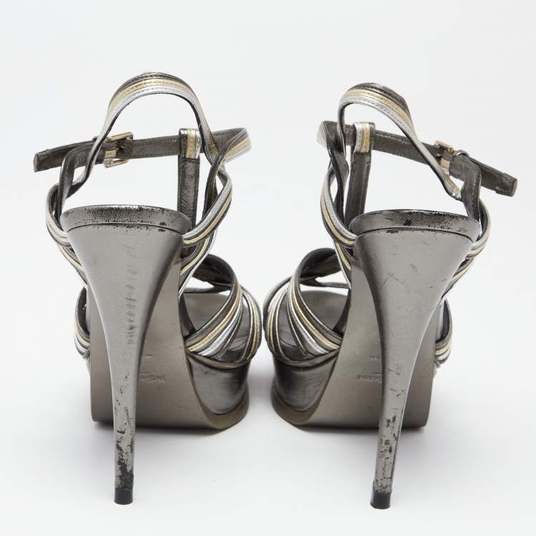 Pre Owned Saint Laurent Metallic Bronze Leather Tribute  Platform Sandals Size 38.5