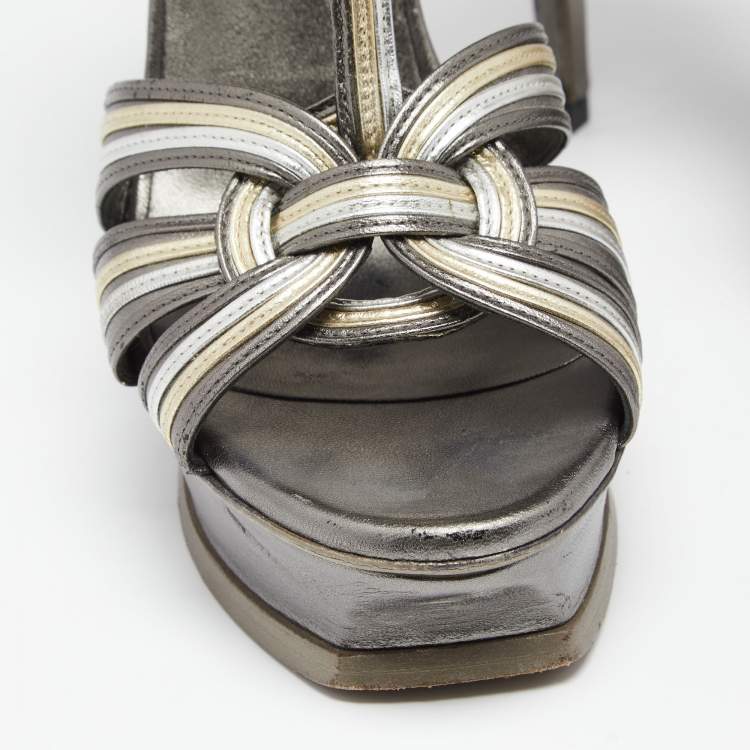 Pre Owned Saint Laurent Metallic Bronze Leather Tribute  Platform Sandals Size 38.5