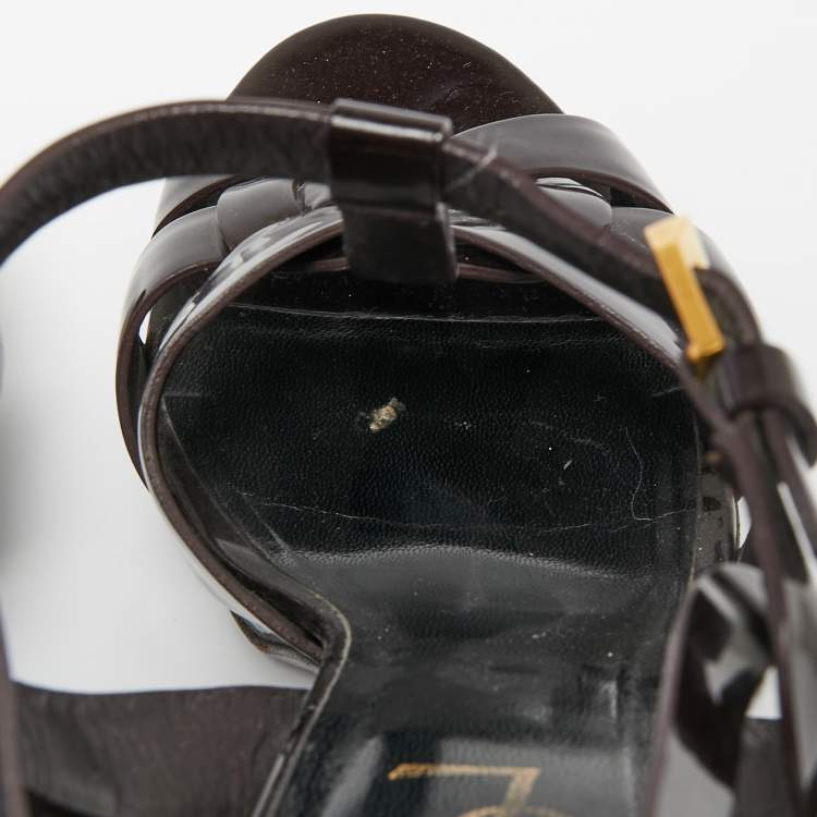 Pre Owned Saint Laurent Dark Brown Patent Leather Tribute Ankle Strap Sandals Size 38.5