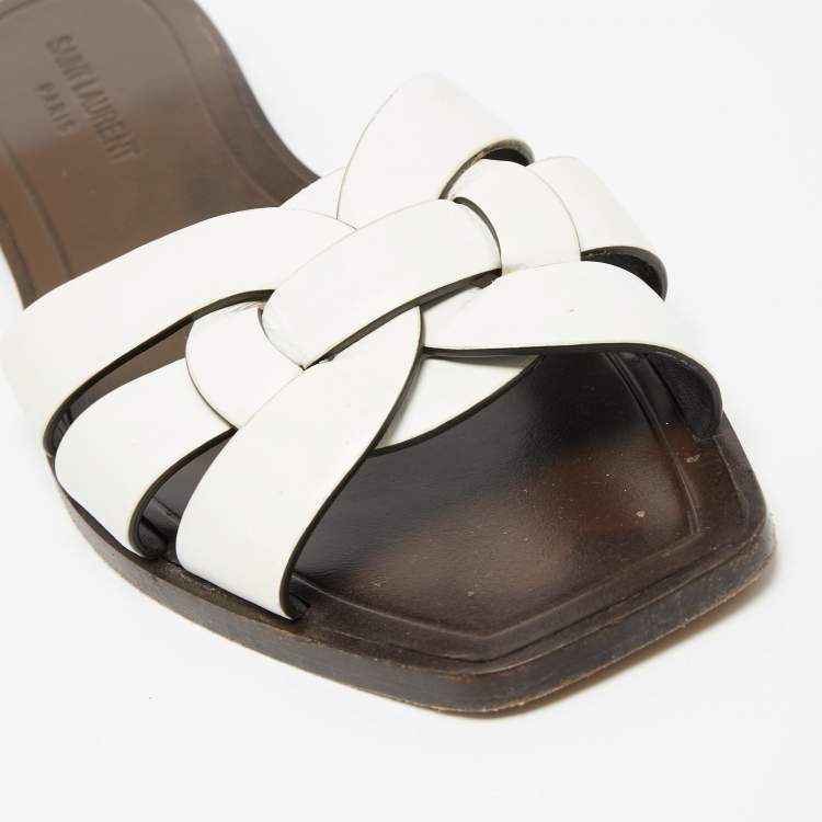Pre Owned Saint Laurent White Leather Tribute Flat Slides Size 39.5