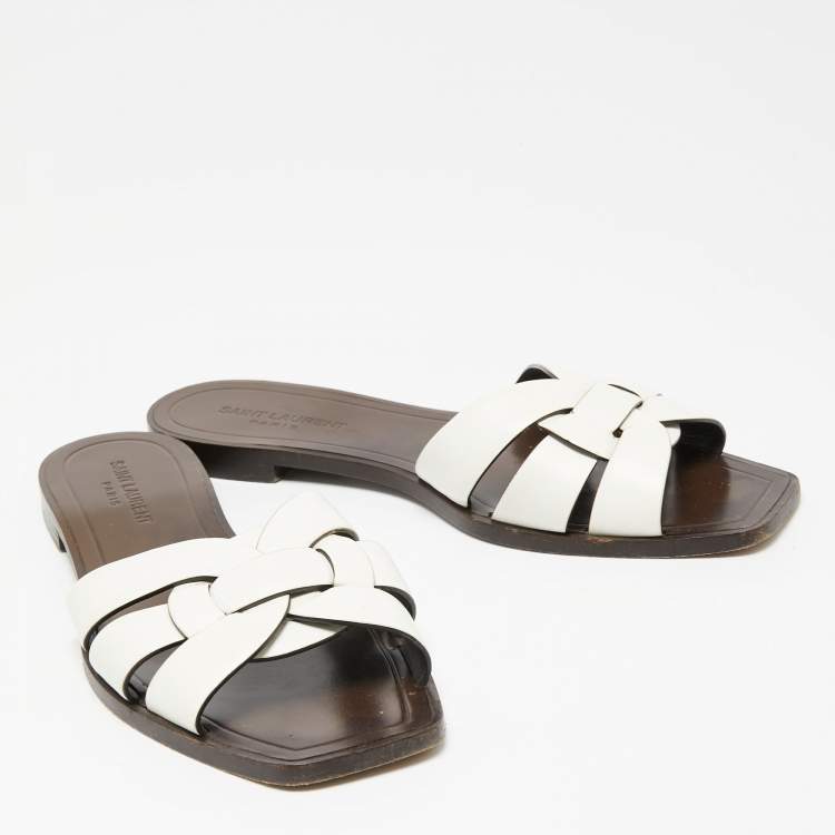 Pre Owned Saint Laurent White Leather Tribute Flat Slides Size 39.5