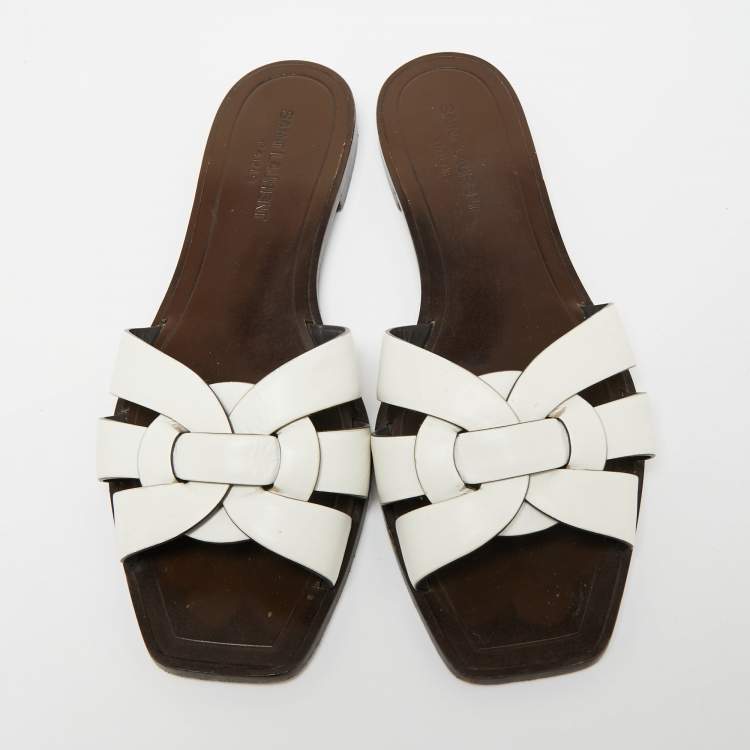 Pre Owned Saint Laurent White Leather Tribute Flat Slides Size 39.5