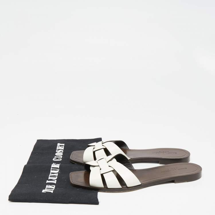 Pre Owned Saint Laurent White Leather Tribute Flat Slides Size 39.5