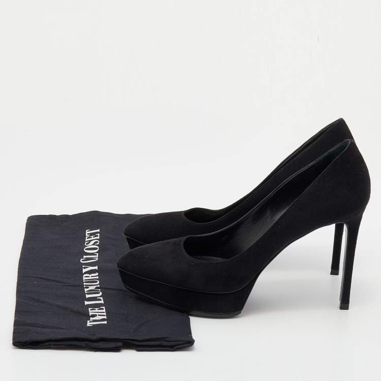 Pre Owned Saint Laurent Black Suede Janis Pointed Toe Platform Pumps Size 38.5