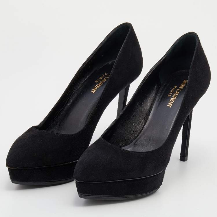 Pre Owned Saint Laurent Black Suede Janis Pointed Toe Platform Pumps Size 38.5