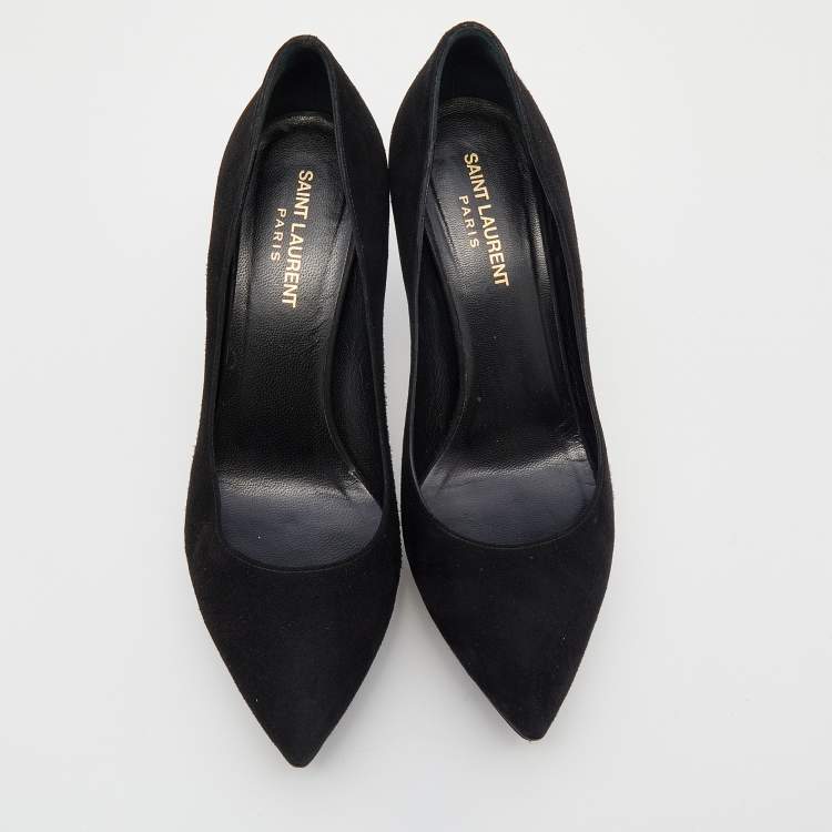 Pre Owned Saint Laurent Black Suede Janis Pointed Toe Platform Pumps Size 38.5