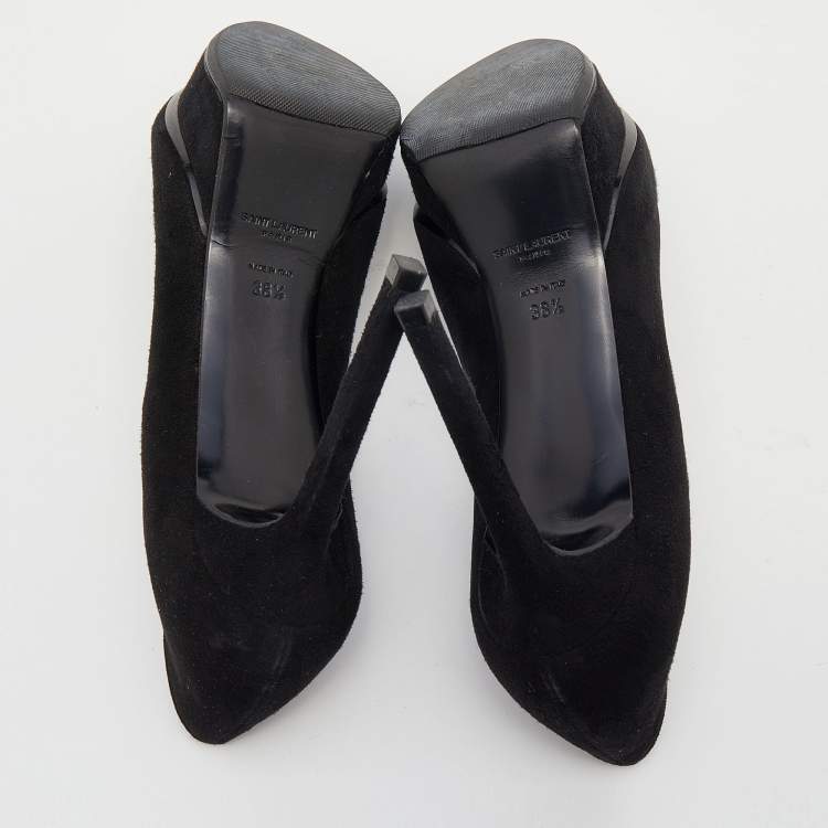 Pre Owned Saint Laurent Black Suede Janis Pointed Toe Platform Pumps Size 38.5