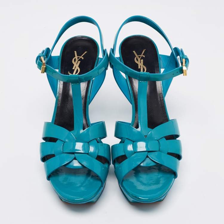 Pre Owned Saint Laurent Turquoise Patent Leather Tribute Platform Sandals Size 39