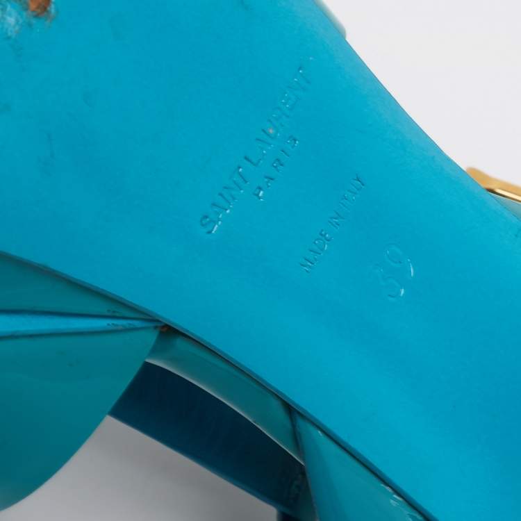 Pre Owned Saint Laurent Turquoise Patent Leather Tribute Platform Sandals Size 39