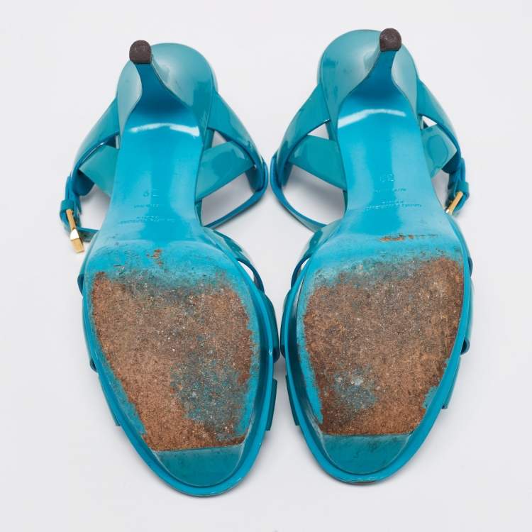Pre Owned Saint Laurent Turquoise Patent Leather Tribute Platform Sandals Size 39