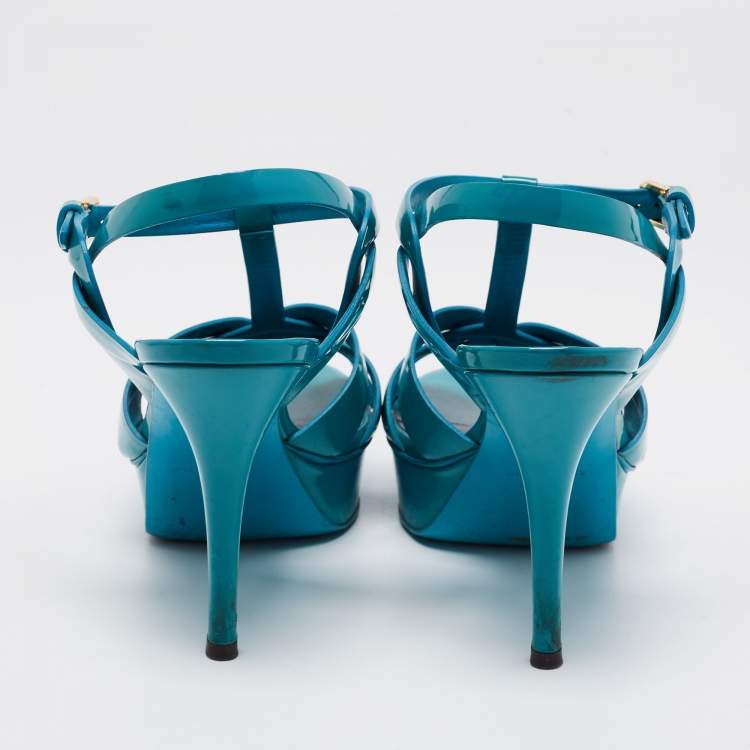 Pre Owned Saint Laurent Turquoise Patent Leather Tribute Platform Sandals Size 39