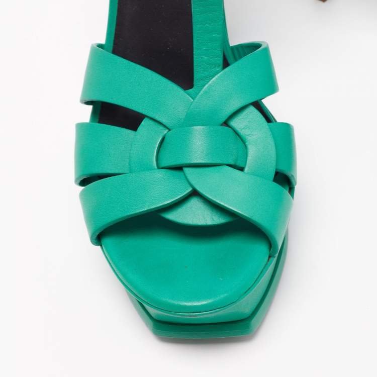 Pre Owned Saint Laurent Green Leather Tribute Platform Sandals Size 39.5
