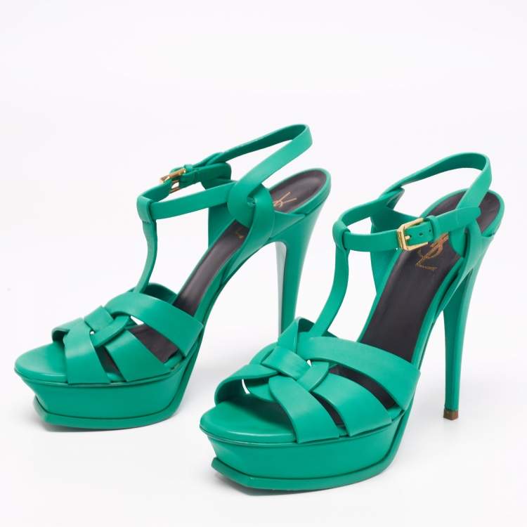 Pre Owned Saint Laurent Green Leather Tribute Platform Sandals Size 39.5