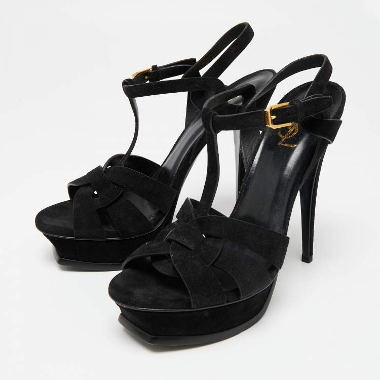 Pre Owned Saint Laurent Black Suede Tribute Platform Sandals Size 40.5
